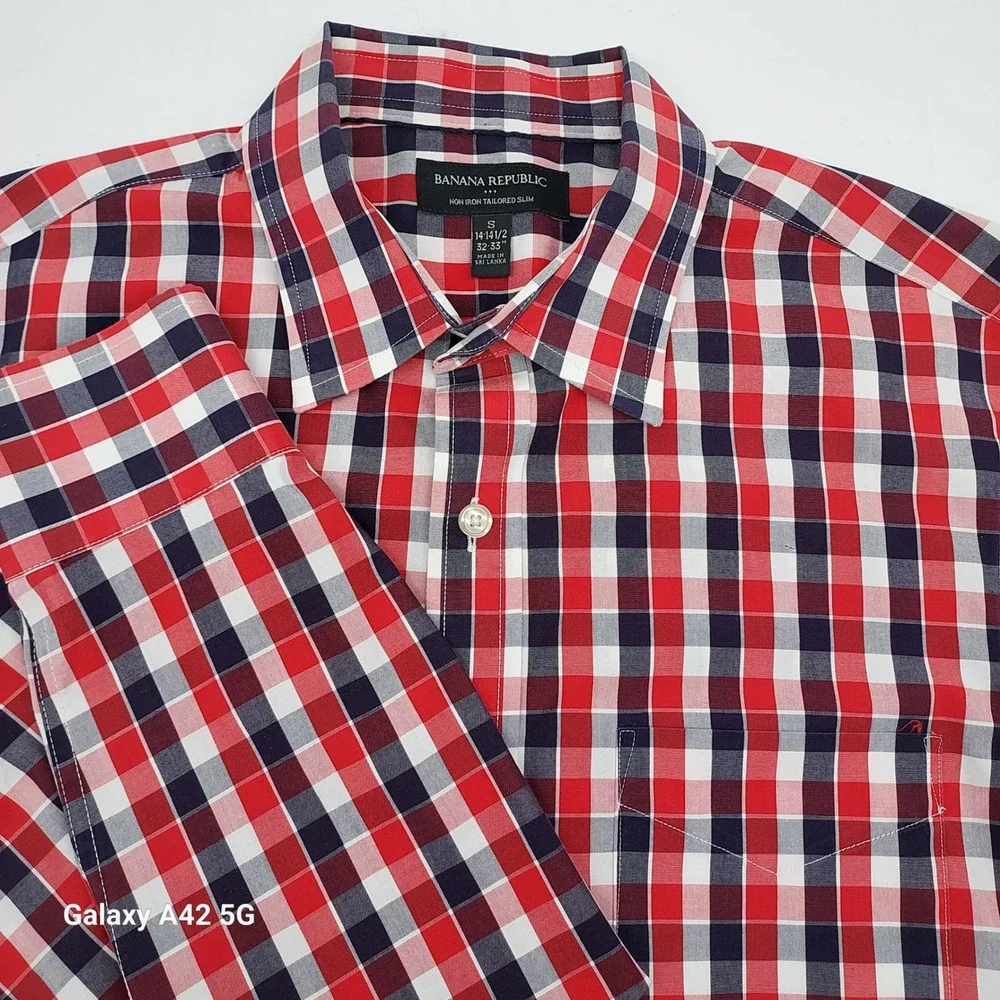 Banana Republic Mens Non-Iron Tailored Slim‎ Plaid Dress Shirt Red Navy White S